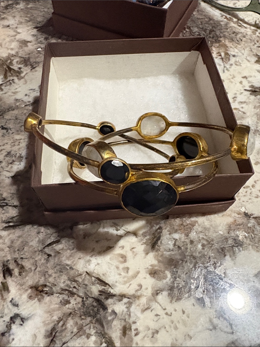 Gold Tone Black Stone Cuff Bracelet Stack